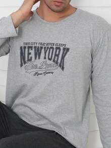 2pcs Men's Sleepwear Set, Round Neck Long Sleeve Letter Print Top, Solid Black/Gray Pants, Casual & Comfortable, Suitable For Autumn/Winter - Multicolor - View 6