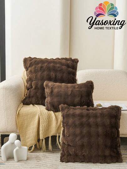 1pc Coffee Brown Decorative Faux Rabbit Fur Cushion Cover Without Filler, Modern Flannelette  Fuzzy Plush Throw Pillow Cover Zipper Closure For Home, For Sofa, Living Room