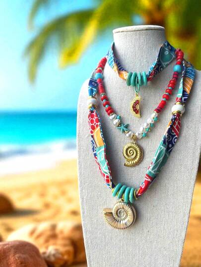 1 pieza Collar bohemio vintage con vibraciones de verano, moda exagerada con montura dorada, colgante de concha, tela de gasa francesa, cuentas de piedra natural para mujeres, adecuado para la playa, casual, vacaciones, regalo