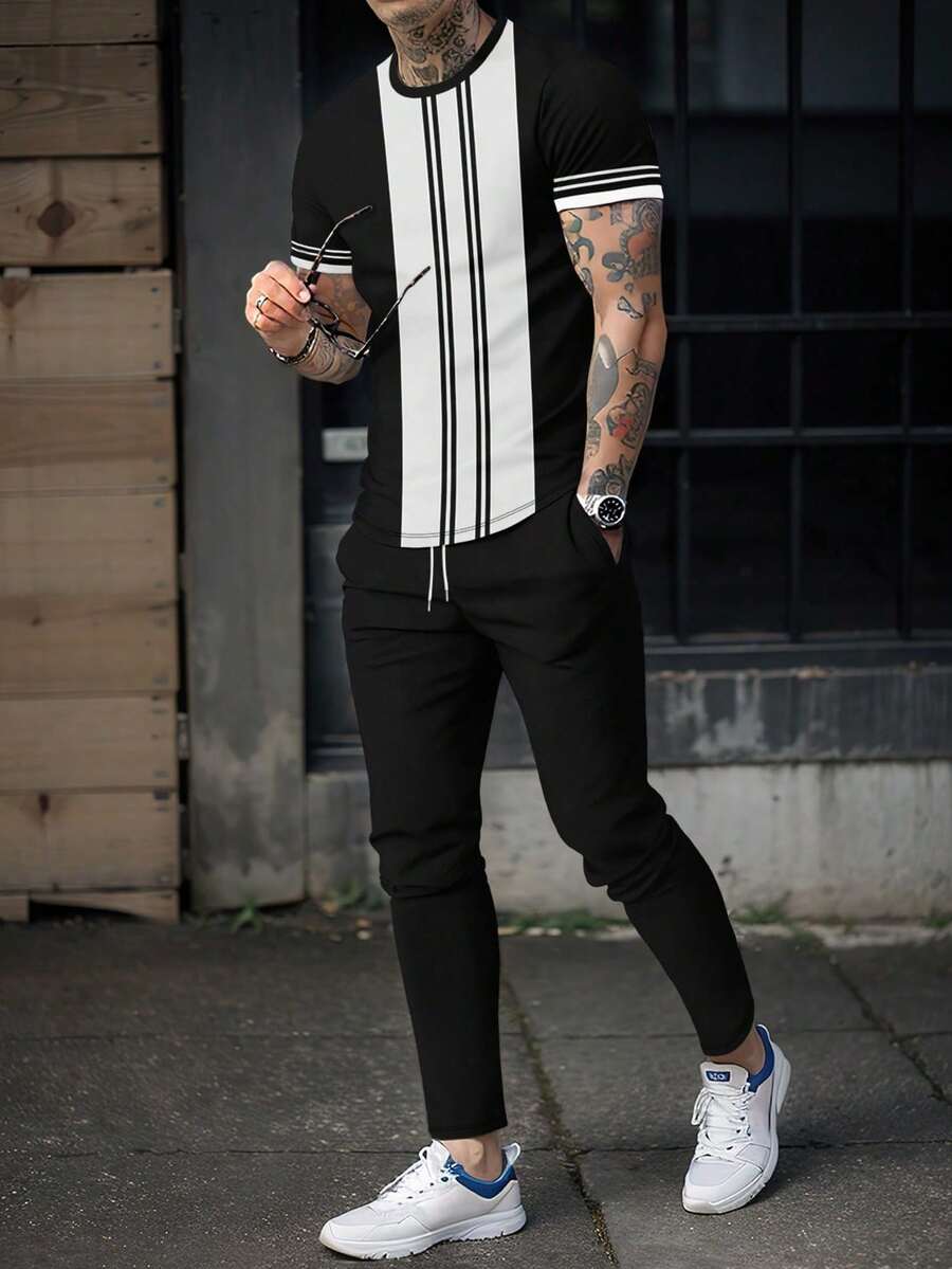 男士条纹印花舒适柔软短袖睡衣套装 - 彩色 - 查看 1