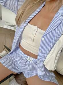 2 pièces Ensemble top à manches longues rayé sexy et short pour femmes, vêtements d'automne, tenue confortable - Bleu ciel - Voir 3