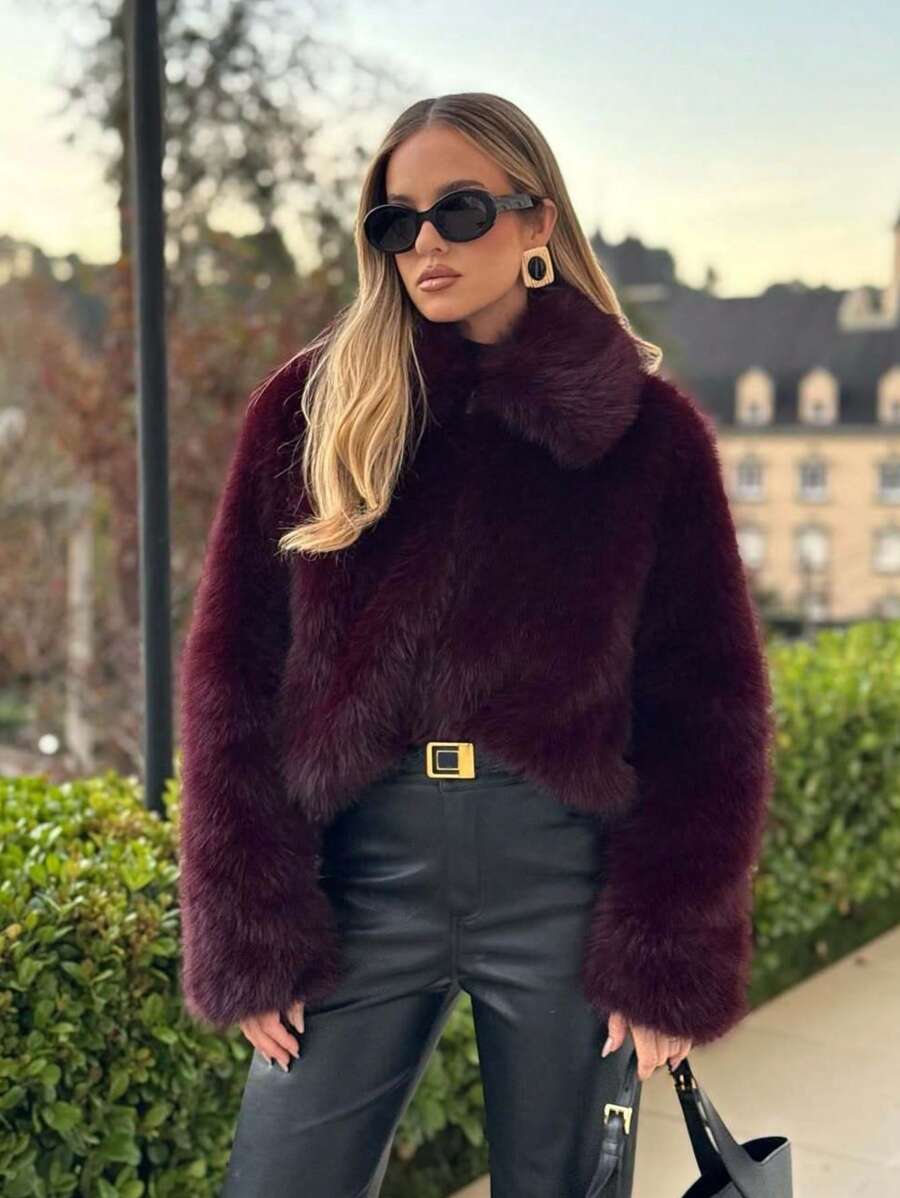 Camellia New Autumn/Winter Women's Fashion Casual Minimalist Faux Fur Effect Jacket - Burgundy - View 1