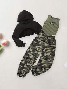 Conjunto de pantalones de otoño para niñas con parte superior con capucha de manga larga, chaleco acanalado y pantalones camuflados - Verde militar - Ver 5