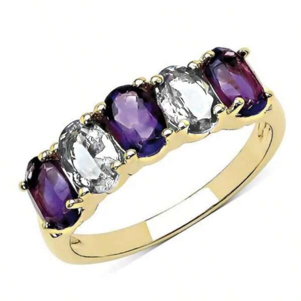1 Stück Luxus Damen Verlobungs- & Eheringaus 18 Karat vergoldeter Kupfer, 5 Reihen Amethyst und kubischem Zirkonia, Jahrestag, Geburtstag, Weihnachtsgeschenk, eleganter Ehering - geeignet für Lässig oder Formal den ganzen Jahresüber