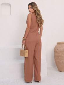 Elegant Linen Wide Leg Jumpsuit With Discreet Pockets - Mocaccino - View 2