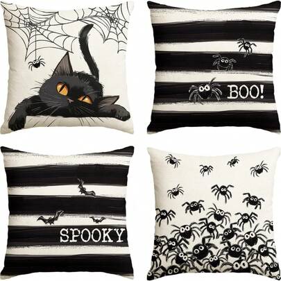 4 piezas Fundas de cojín de Halloween Fantasma Gato Negro Araña "Truco o " Decoración de granja festiva a rayas para sofá sin relleno de cojín de un solo lado