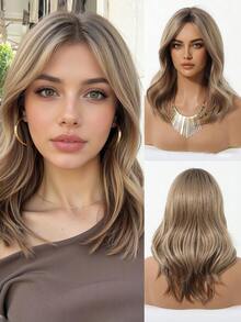 20 英寸长波浪渐变棕色合成假发中分浅金色长卷发假发，适合女士日常派对角色扮演假发、度假旅行家庭派对日常穿着、母亲节礼物、开斋节礼物 - 棕色 - 查看 3