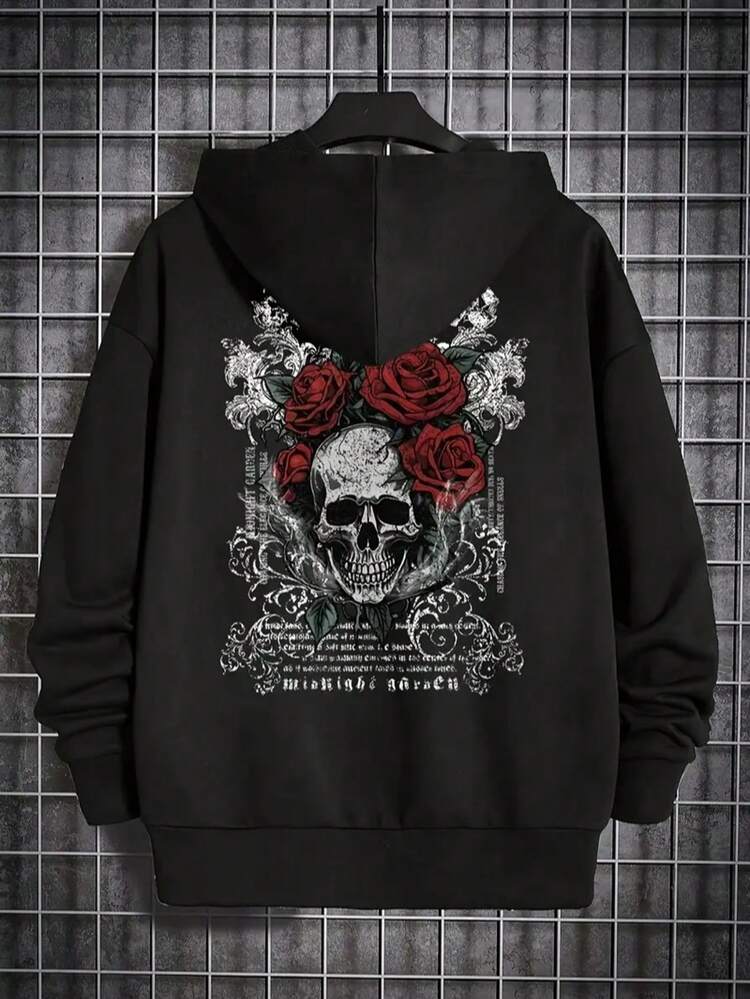 Krometka 男士秋冬叛逆酷炫哥特风玫瑰花卉字体骷髅印花黑色连帽卫衣 - 黑色 - 查看 7