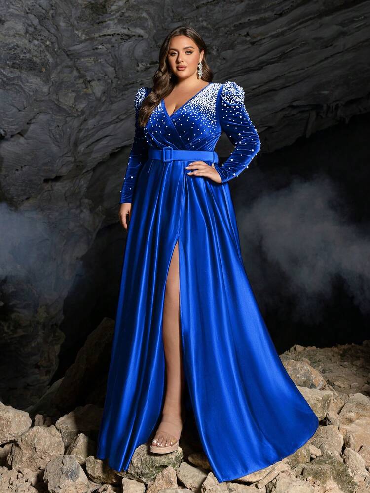Faeriesty Curve-Hugging Evening Gown, Deep V-Neck Design, Velvet Bodice With Pearl Accents Paired With Satin Skirt | Long Sleeve Fitted Waist, Matching Waist Belt And Sexy Side Slit | Luxurious Formal Design | Perfect For Formal Dinners, Weddings, Galas And Red Carpet Events - Royal Blue - View 4