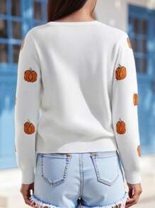 Women Halloween Knit Sweater Pumpkin Embroidered Knited Oversized Sweatshirt Loose Fit Pullover Tops Graphic Holiday Shirt Jumper Tops Knitwear Streetwear Fall Winter Clothes