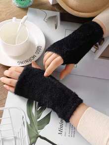 1 Pair Women's Solid Color Fuzzy Warm Fingerless Gloves, Outdoor/Indoor Use, Elastic Knitted Half Finger Gloves For Writing, Office, Autumn/Winter - Solid Color Mittens - View 5