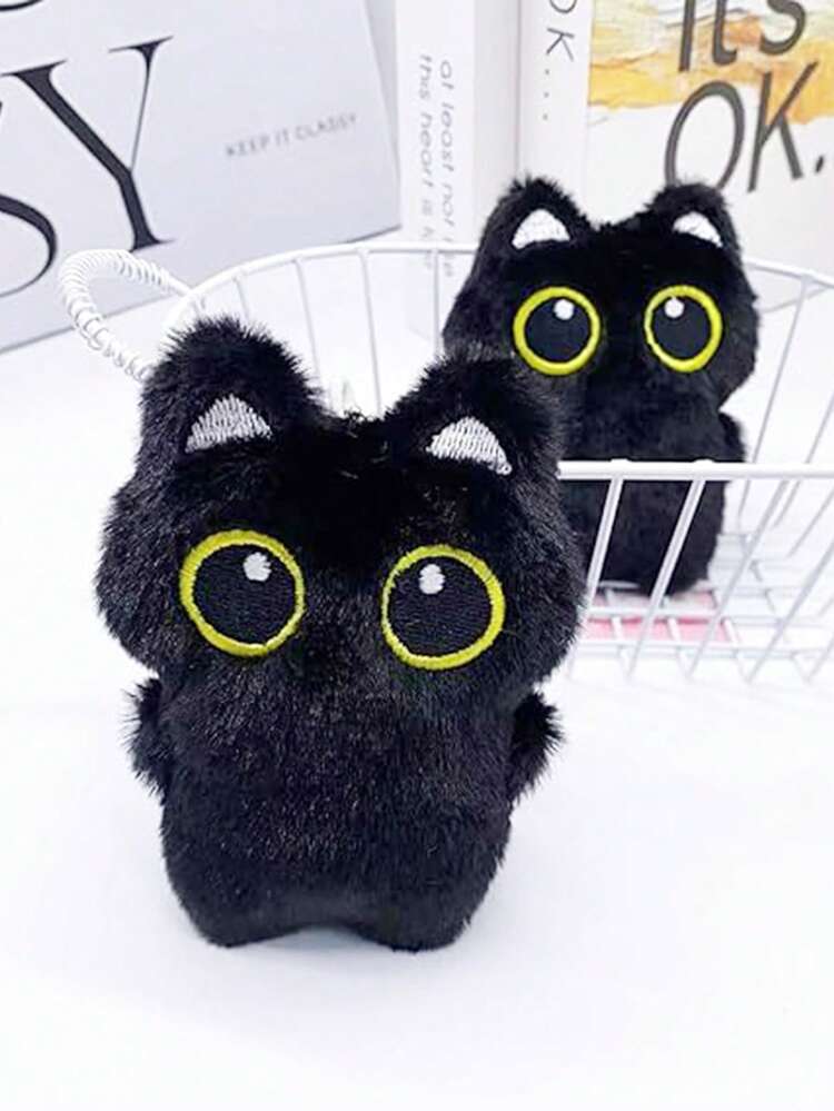 1pc Big-Eyed Black Cat Plush Pendant Cute Black Kitten Keychain Cute White Plush Kitten Bag Keychain Ornaments Student Backpack Pendant Cute Plush Pendant Schoolbag Pendant Car Keychain Cartoon Keychain, Keychain Ornaments Small Pendant Couple Keychain Boys And Girls Gifts, Friends Gifts, Event Souvenirs. - Multicolor - View 2