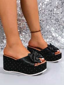 2025 女士凉鞋，性感豹纹蝴蝶结厚底坡跟凉鞋，女士时尚圆头一脚蹬高跟舒适凉鞋，春夏休闲日常派对必备，与连衣裙完美搭配 - 黑色 - 查看 5