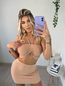 Women's Modal Knit Set With Relief Scales, Top And Skirt, Summer Knit - Desnudo - Ver 2