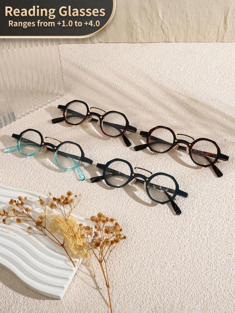1pc Unisex Vintage Octagon Spring Foot Chain Reading Glasses, Clear Transparent Computer Reading Glasses, Magnification +1.0 To +4.0