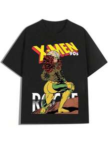 Black T - Shirt With 90s X - Men Rogue Print,Casual Print,Comfortable And Versatile,Pure Cotton 220g Printed T-Shirt,Unisex Style - 黑色 - 查看 1