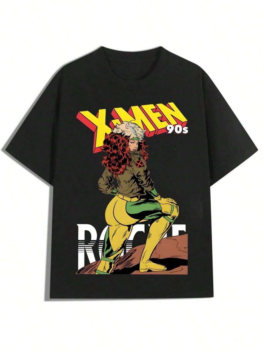 Black T - Shirt With 90s X - Men Rogue Print,Casual Print,Comfortable And Versatile,Pure Cotton 220g Printed T-Shirt,Unisex Style - 黑色 - 查看 1