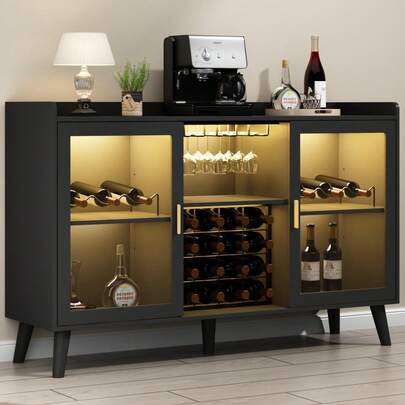 Mueble para bar de vinos con luz LED, clóset de café con estante para vino y soporte para vidrio, aparador de cocina con estante de almacenamiento, clóset de licor no empotrado para sala de estar, comedor (negro)