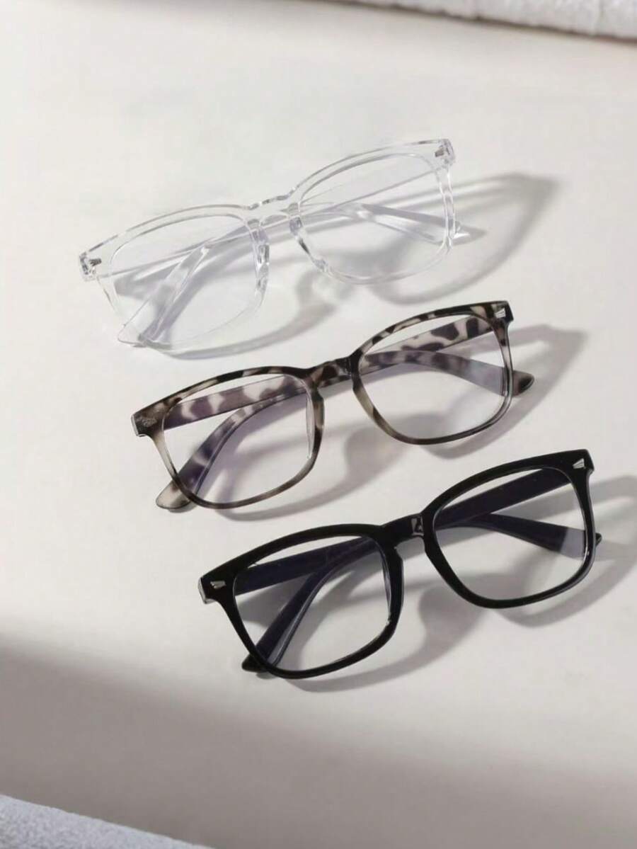 3pcs Universal Glasses For Both Men And Women, With A Square Vintage Style. Suitable For Use In Scenarios Such As Computer Reading, Gaming, Watching TV, Using Mobile Phones, Etc. They Protect Eyesight And Have Clear Lenses. Suitable For Summer Vacations, Beach Parties, Etc. Multiple Colors Are Available For Selection. - Transparent - View 1