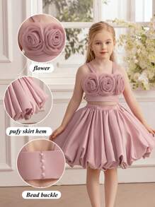 2pcs/Set Young Girl Floral Embroidered Pink Spaghetti Strap Dress, Elegant Princess Style Outfit Suitable For Birthday Party, Wedding, School Performance, Holiday Occasions