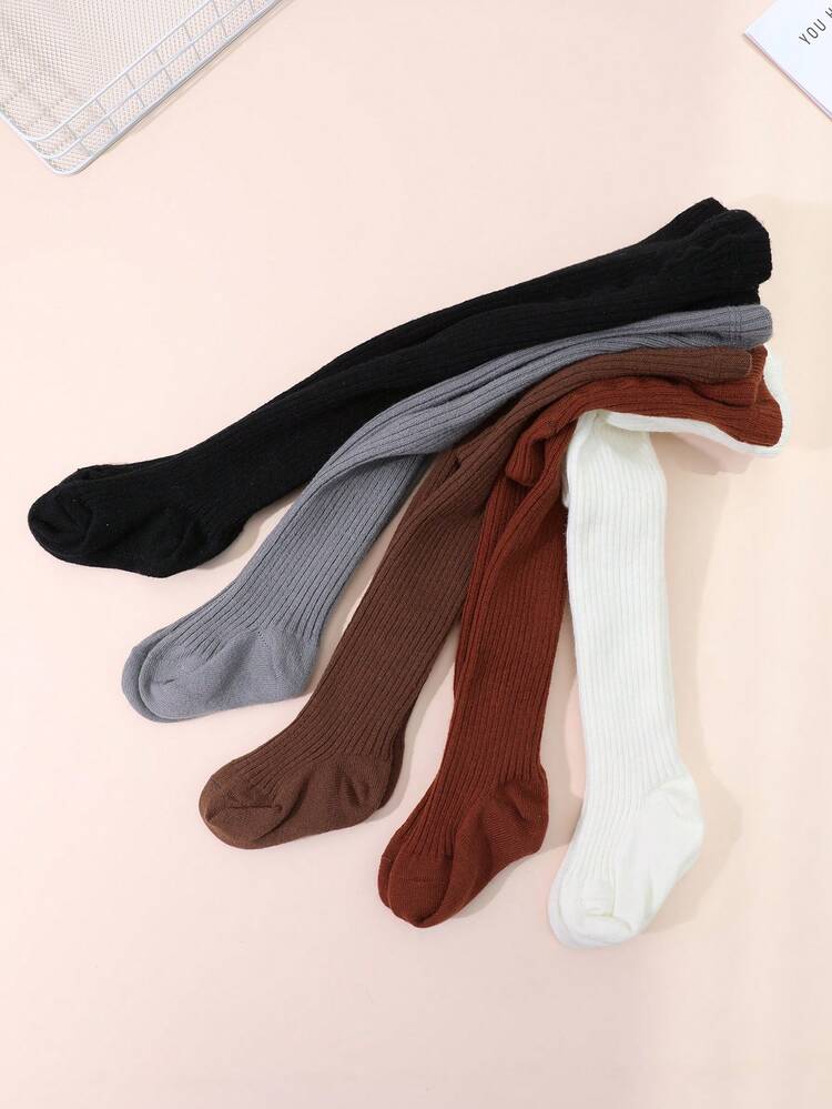 5pcs/Pack Baby Girls' Solid Color Vertical Striped Leggings, Thermal Lined Thick Tights, Warm & Versatile For Indoor/Outdoor Wear, Suitable For Below 5°C In Autumn/Winter - Multicolor - View 3