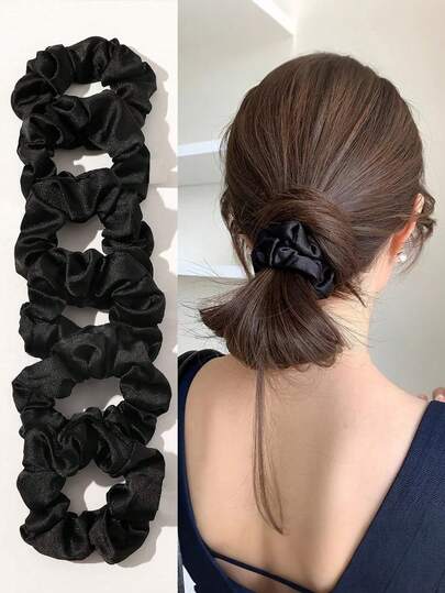 1/6pcs Set Women Black Solid Satin Scrunchies Hair Ties, Elastic Hair Bands For Ponytail, Suitable For Dates, Parties, Holidays, Commuting, Valentine's Day, Mother's Day Gifts Head Accessories