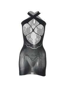 Women'S Sexy Dresses, Hot Hollow Semi-Transparent Skirts, Exquisite Flower Patterned Open-Chested Pajamas, Sexy Backless Women'S Lingerie - Black - View 6