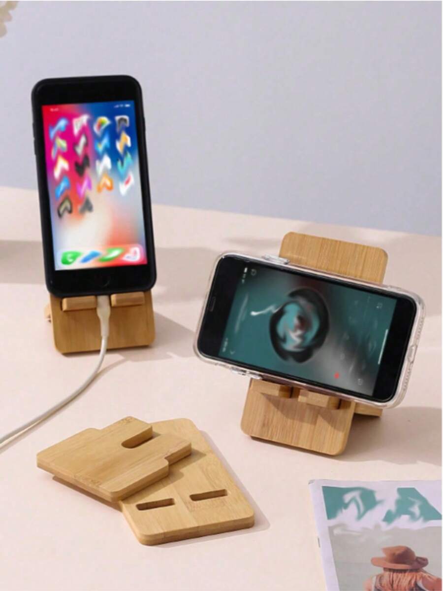 1pc/2pcs Creative Desktop Wooden Mobile Phone Charging Bracket Bamboo Mobile Phone Bracket - Wood Color - View 1