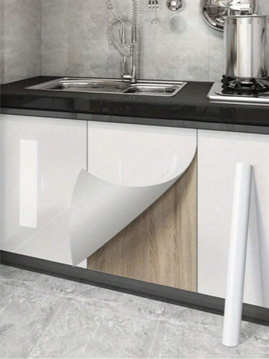 1 Roll Waterproof & Oil-Proof Kitchen Wall Sticker, White Glossy Thick Heat-Resistant Wallpaper For Stove, Oven, Cabinet Renovation, DIY Decor For Kitchen, Bedroom, Room - White - View 1