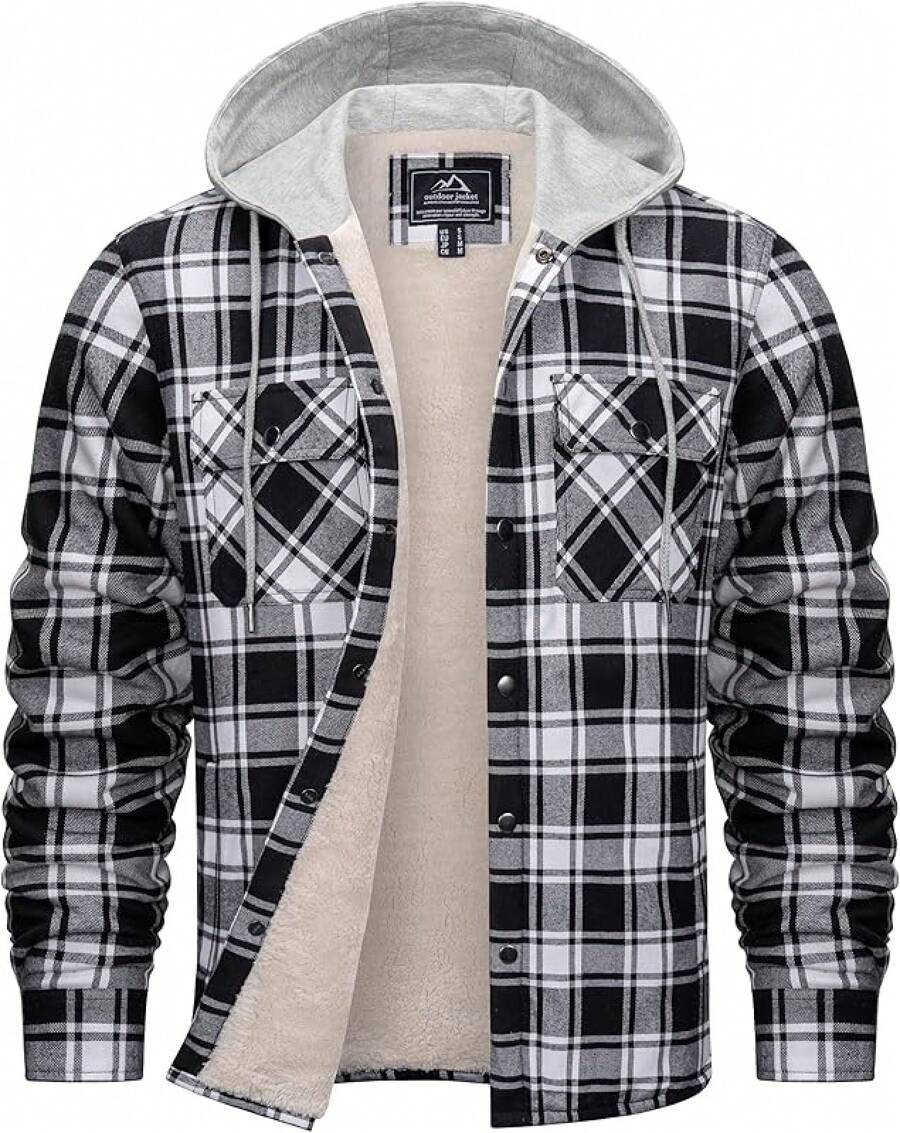 Cotrasen Mens Flannel Cotton Heavy Thick Sherpa Fleece Lined Plaid Shirt Jackets Warm Button Up Winter Coats With Hood