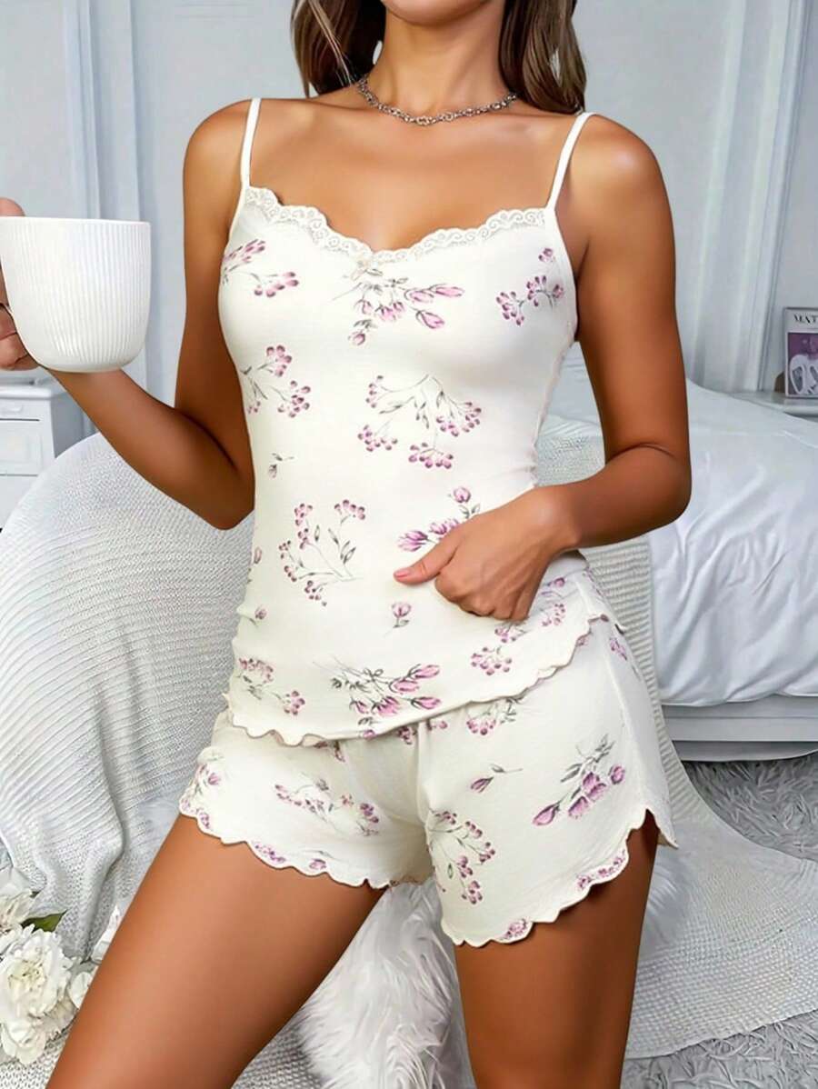 白色花卉图案女式无袖短裤套装 - 白色 - 查看 1