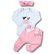 Sempre Bebê Roupa Conjunto Bebê Menina Mesversário Inverno Frio Conjuntinho Roupinha Bordado Algodão Vaca Vaquinha Fazendinha - Rosa Bebê - View 7