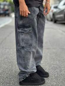 BOYS' CARGO PANTS FOR TEENAGERS, LOOSE FADED PANTS, GRAPHITE GREY, BLACK JEANS, SIZES 10 TO 16 - Đá lửa - Xem 2