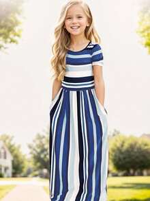 Kleine Mädchenshorts ärmelloses gestreiftes lässiges Kleid, Sommer minimalistisch Mode lang Urlaub Party niedliches Outfit