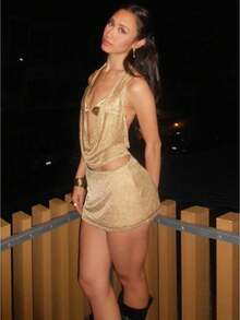 European & American Style 2025 Spring-Summer New Arrival Women's Outfit - Sexy Layering Solid Color Lurex Halter Top With Bodycon Skirt, 3-Piece Set - 金色 - 查看 3