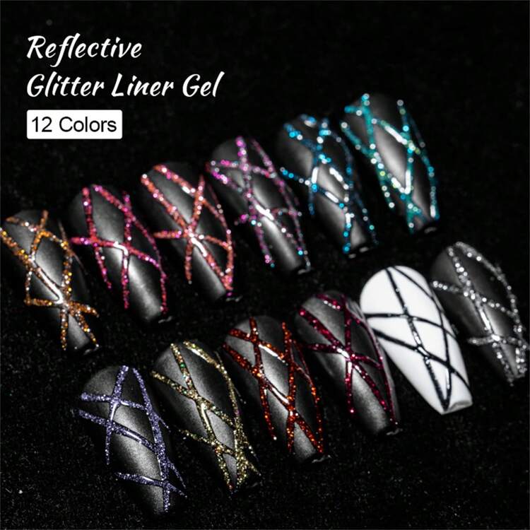 Mtssii 8 PIEZAS Juego de esmalte de uñas en gel con línea reflectante de color dorado champán, brillo, en colores rosa, plateado, negro y rojo. Esmalte semipermanente brillante y chispeante para diseño de uñas francesas, estilo graffiti y rayas. Kit de suministros para manicura DIY con efecto de remojo. - Multicolor - Añade 3