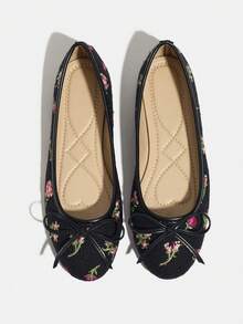 Women's Bow Tie Flat Round Toe Low Heel Embroidered Floral Slip-On Fashion Versatile Ballet Flats, Suitable For Autumn/Winter And Christmas - 黑色 - 查看 7