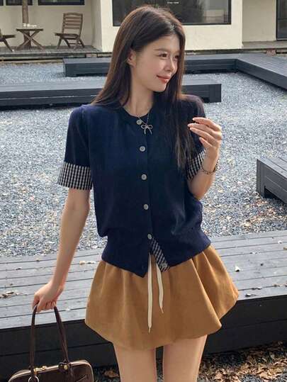 Knitted Cardigan Women Single-Breasted Top Jacket, Contrast Color Plaid Spring