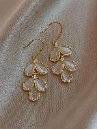 1 Pair Fashionable Floral Ear Hooks With Rhinestones, Elegant Cat Eye Stone Earrings For Women
