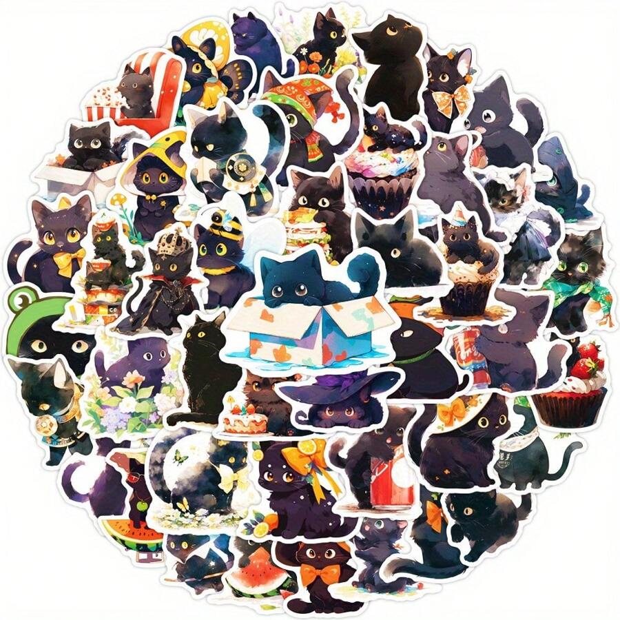 50 Cartoon Black Cat Graffiti Stickers Suitable For Notebooks, Mobile Phone Cases, Water Cups, Skateboards, Helmets, Guitars, Exquisite Creative Decorative Decals, Toys
