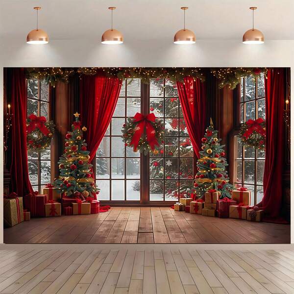 1pc Winter Christmas Scene Backdrop - Holiday Window, Christmas Tree And Gift Box, Suitable For Christmas, New Year Celebration, Holiday Gift, Wedding, Proposal, Birthday, Anniversary, Theme Party, Event Display, Bedroom, Living Room, Garden And Outdoor Decoration, Studio Props