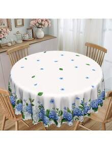 1pc Hydrangea Floral Round Tablecloth - Polyester Material, Watercolor Blue Floral Design, Suitable For Spring/Summer Picnic, Dinner Party And June Celebration Decoration, Standard Size (55"X70", 60"X60", 60"X86"), Outdoor Tablecloth, Picnic Table Cover, Elegant Dining Table Decor, Polyester Fabric, Easy Care Material, Home Decoration, Event Styling