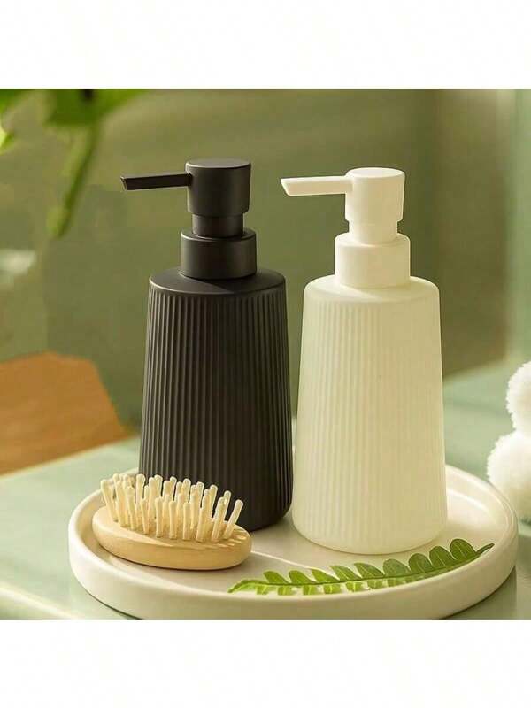 1pc Black And White Glass Soap Dispenser, Flat Shoulder Vertical Stripes Hand Soap Bottle Lotion Bottle 350ml Push Bottle For Separating And Bottling Bathroom And Kitchen Dishwashing Liquid