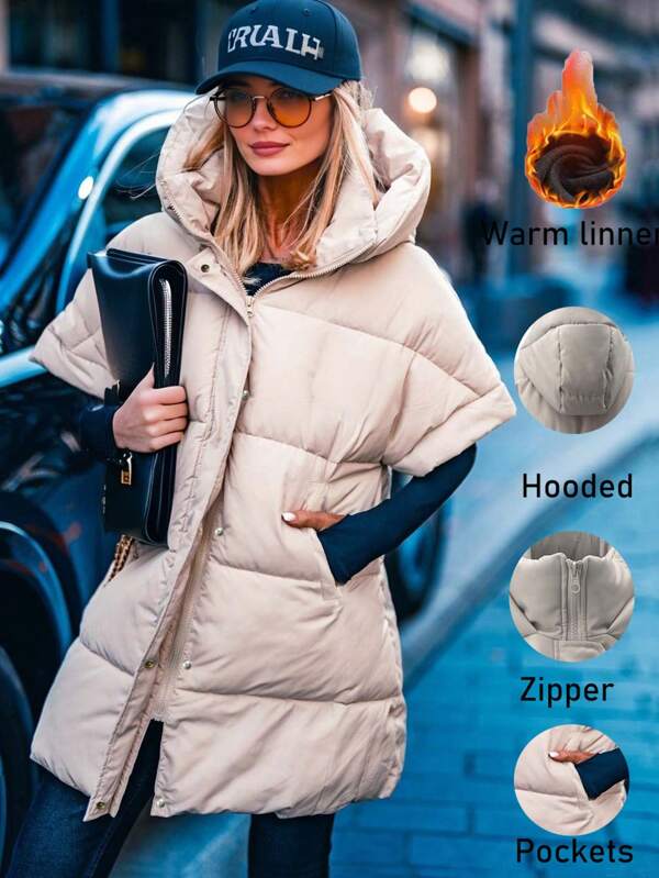 Women Stand Collar Hooded Quilted Short Sleeve Jacket, Warm For Autumn/Winter
