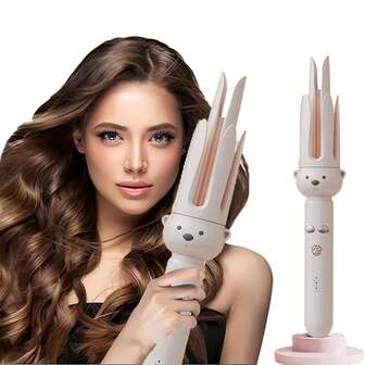 Fer à friser automatique 28 mm, 3 niveaux de température, baril de frisage rotatif, fer à friser rotatif sans fil, convient pour les coiffures, beige
