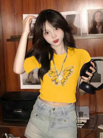 Butterfly Print Sexy Slim Fit Cropped T-Shirt, Versatile American Style Top For Women