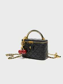 New Classic Versatile Solid Color Square Box Bag, Quilted Square Bag, Handbag, Cherry Pendant Decor Design, Zipper Closure Shoulder Bag, Metal Buckle Decor Shoulder Bag, Suitable For Travel, Shopping, Party And Date. - Black - View 3