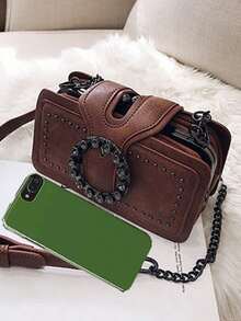 Women's Mini Shoulder Bag - Retro Rivet Motorcycle Crossbody Bag With Chain Strap & Multi-Pockets | Small Square Phone Pouch For Everyday Use, Black Stylish Purse - Coffee - View 3