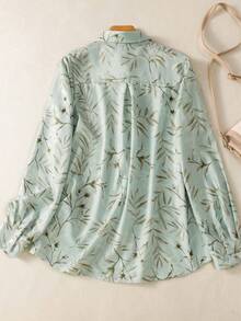 女士休闲树叶印花长袖衬衫，时尚纽扣领衬衫，适合秋、冬、春季穿着 - 淺藍色 - 查看 2