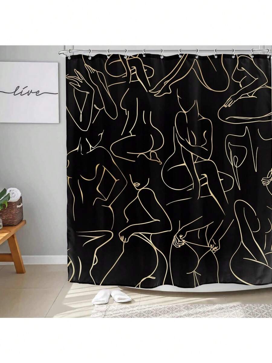 Abstract Shower Curtain With Hooks, 66x72 Inch, Waterproof Modern Minimalist Line Art Ladies Aesthetic Creative Bath Curtain - A-Vàng đen - Xem 1